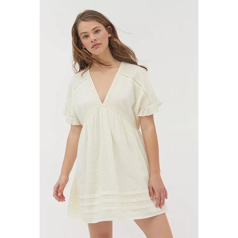Urban Outfitters Venus Smock Mini Dress S Ivory Open Back Boho Cottagecore‎ Soft